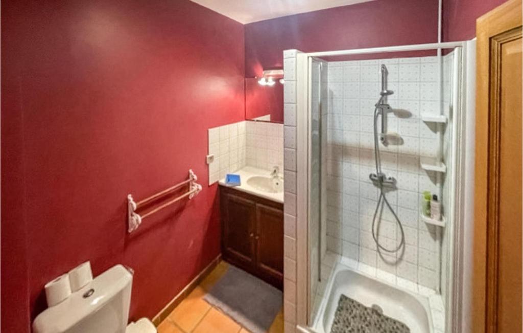 a red bathroom with a shower and a toilet at Amazing Home In Mazan With Wifi in Mazan