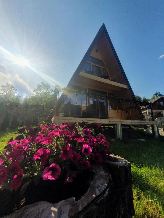 a house with a bunch of flowers in front of it at Cabana de Vis Valea Prahovei - ciubăr și saună la munte in Talea