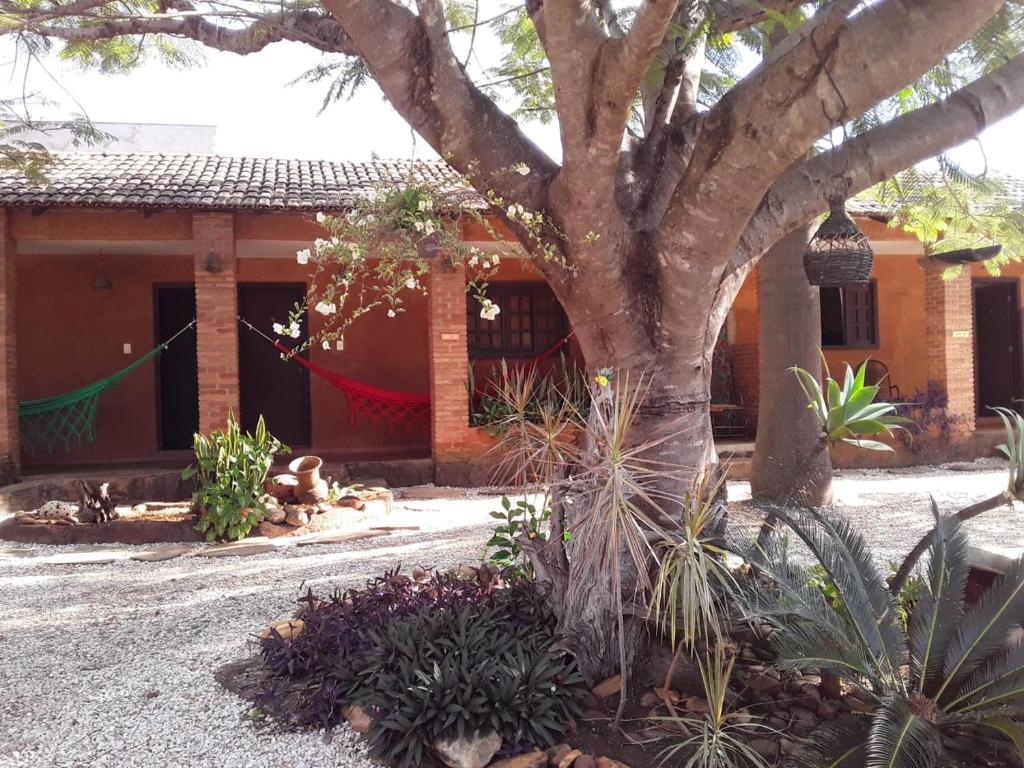 una casa con un árbol delante de ella en Pousada Recanto dos Leões, en Pirenópolis