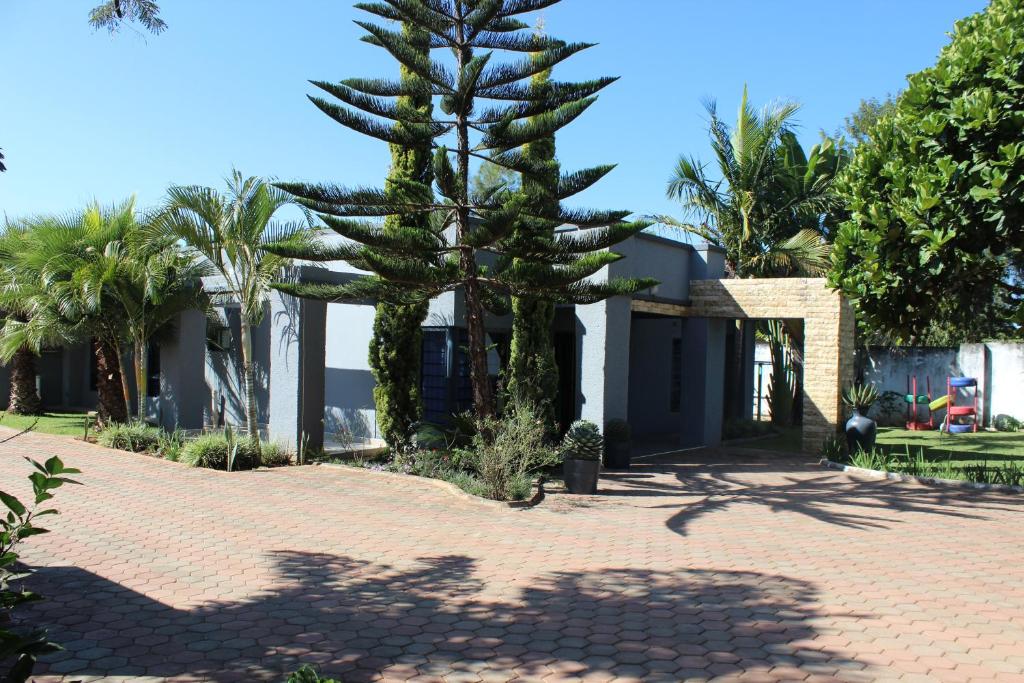 a palm tree in front of a house at Blue Agave MH in Lusaka