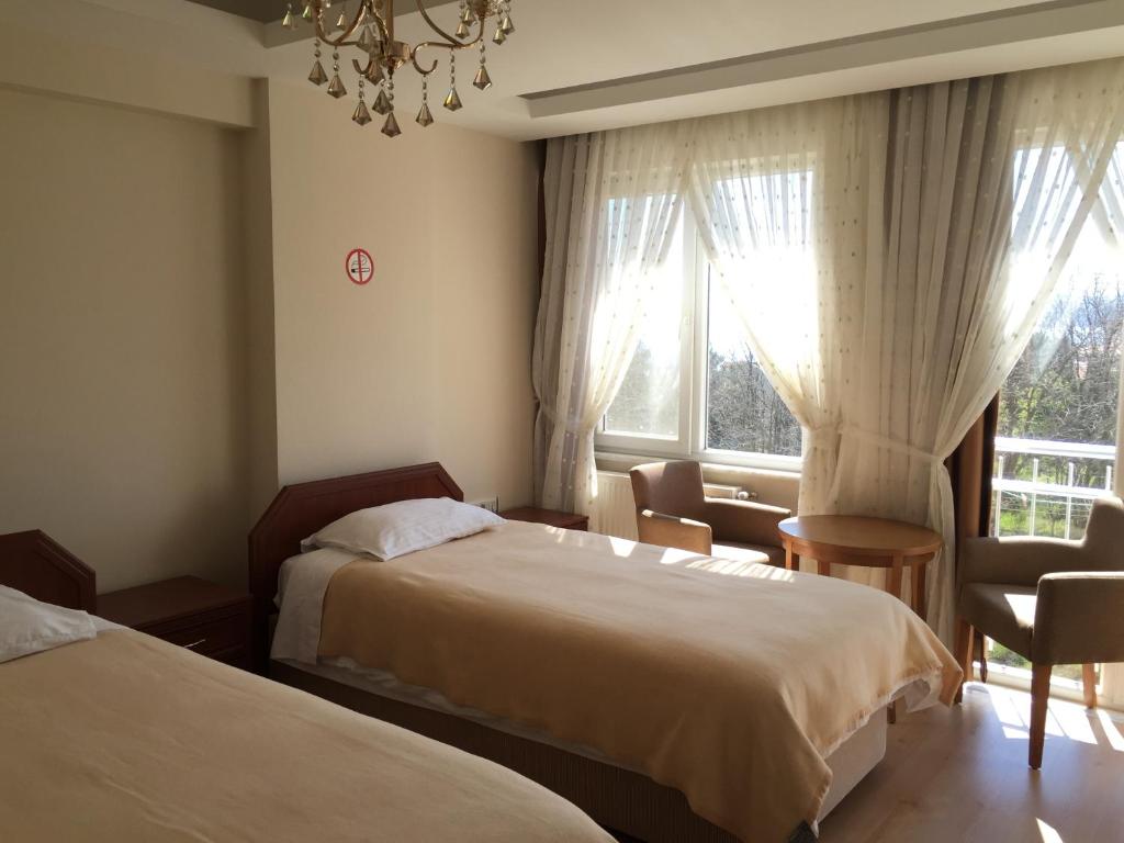 Habitación de hotel con 2 camas y ventana en Gelibolu Hotel, en Galípoli