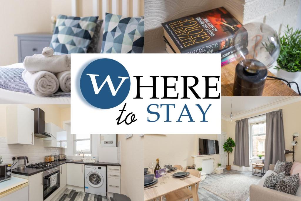 a collage of photos of a kitchen with the words here to stay at Brunswick road Lovely 2 Bed Apartment in Edinburgh