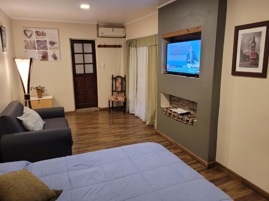 een woonkamer met een bank en een tv aan de muur bij Monoambiente amplio, Centrico in Santa Rosa