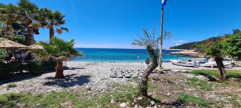 a beach with palm trees and a beach with boats at Apartments Ana i Ante Punta in Milna
