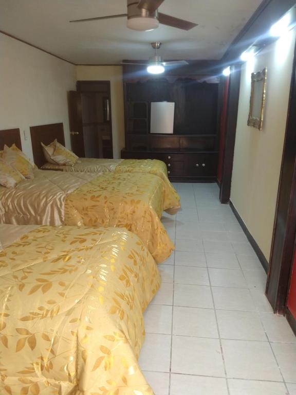 a hotel room with two beds with yellow sheets at Ola in Aguascalientes