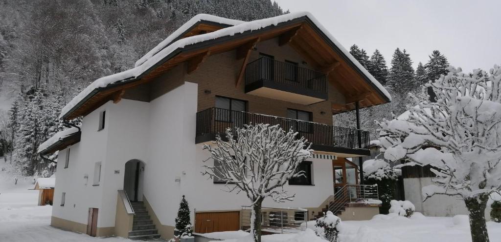 ein Haus im Schnee mit schneebedeckten Bäumen in der Unterkunft Alpenherz Apartments in Sankt Gallenkirch