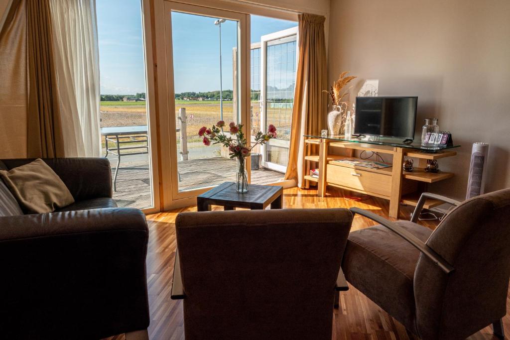 sala de estar con sofá, TV y ventana en 4T4 Apartment C, en Egmond aan den Hoef