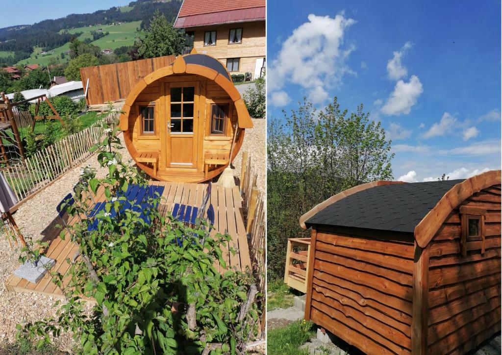 two pictures of a wooden house and a garden at Wolpertinger | Camping-Aach in Oberstaufen