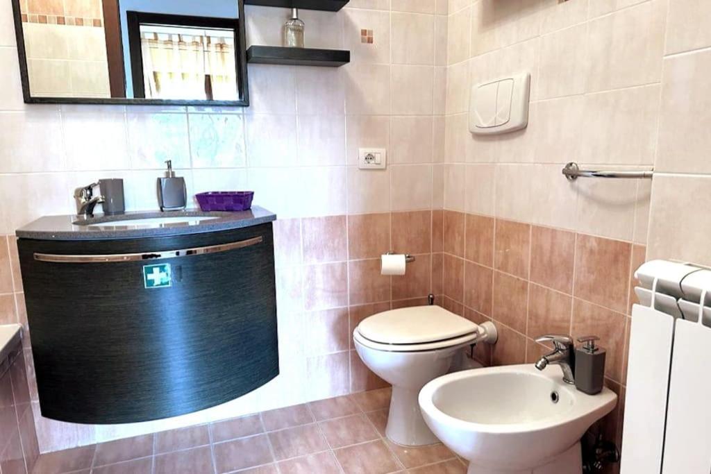 La salle de bains est pourvue de toilettes et d'un lavabo. dans l'établissement Appartamento Oasi di Pontenuovo, à Sermoneta