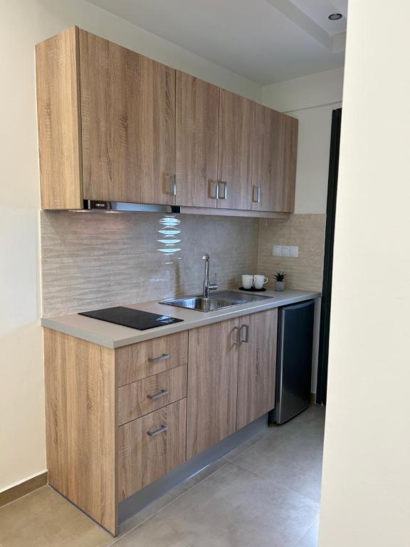 a kitchen with wooden cabinets and a sink at Georges Estates Hotel in Stoupa