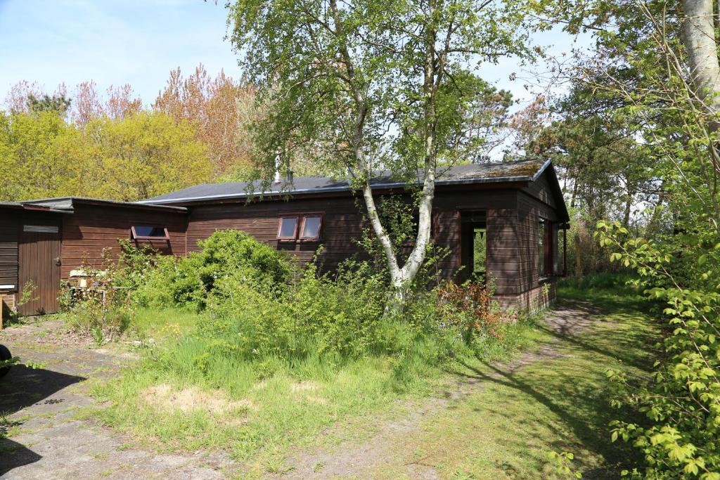 a wooden cabin in the middle of a forest at Huisje Vogelsand in 't Horntje