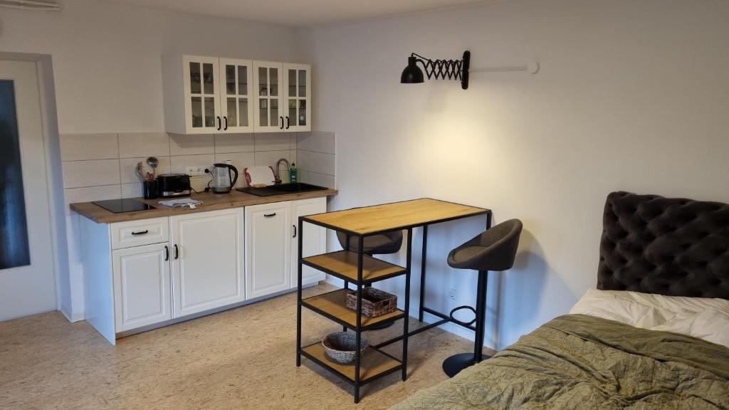 a kitchen with a counter and a table in a room at Stilvoll wohnen in bester Lage Schwerins in Schwerin