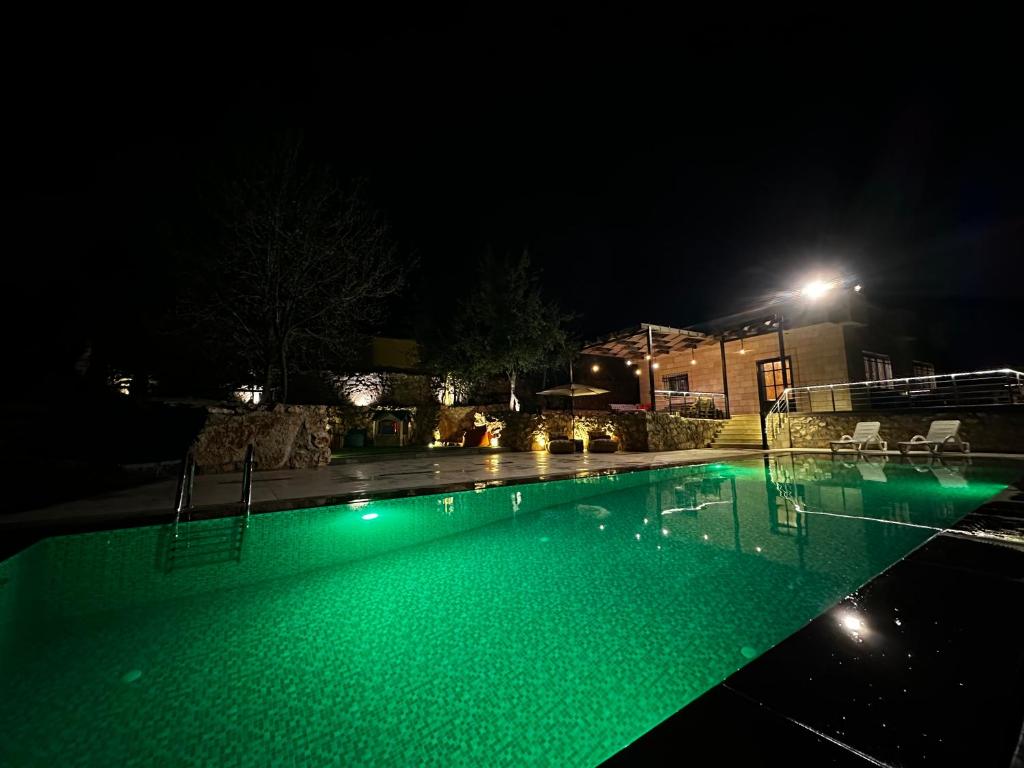 a swimming pool at night with green lights at Oak Farm مزرعة البلوط in Ajloun