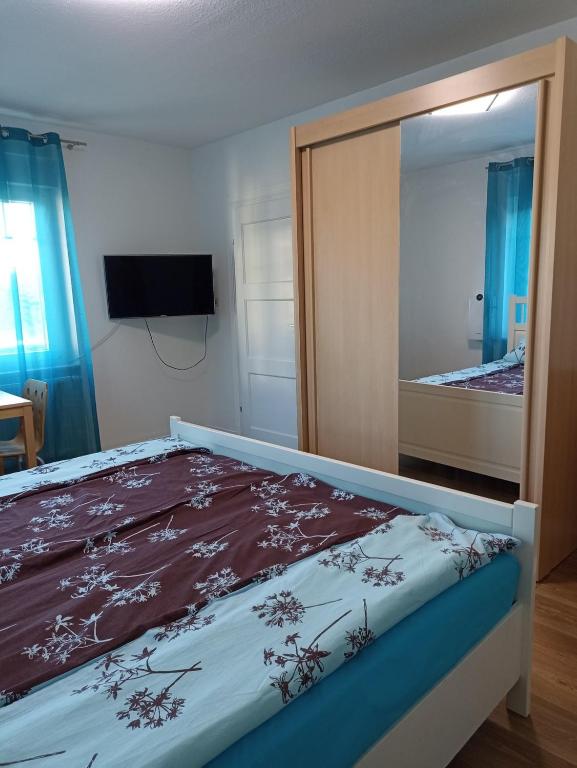 1 dormitorio con 1 cama grande y espejo en Zimmer "Türkis", en Lahr-Dinglingen