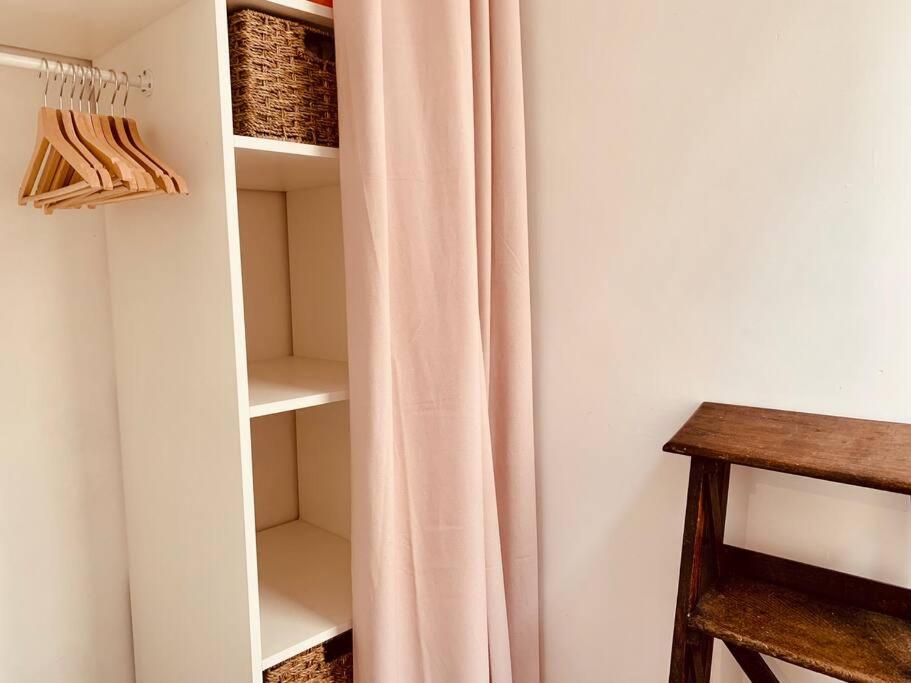 a closet with a pink curtain in a room at Le Pandora, Charmant Studio - Hypercentre in Rennes