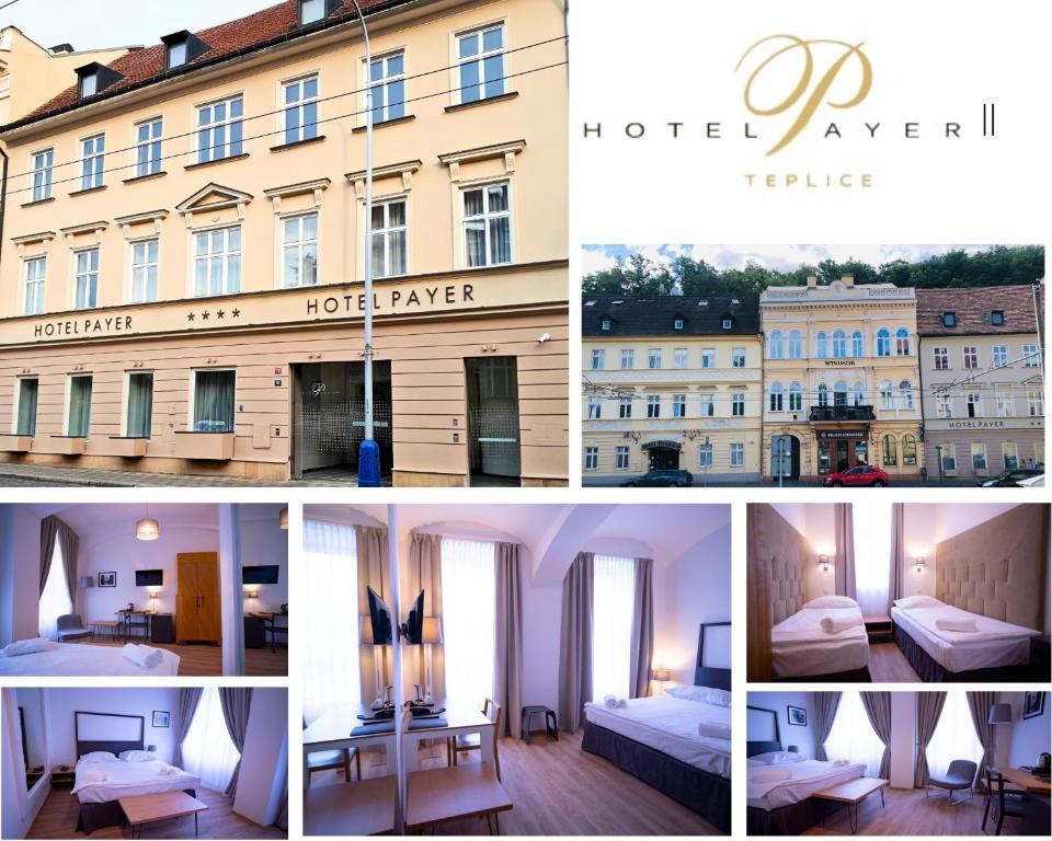 eine Sammlung von Fotos eines Hotels und von Gebäuden in der Unterkunft Hotel PAYER II in Teplice