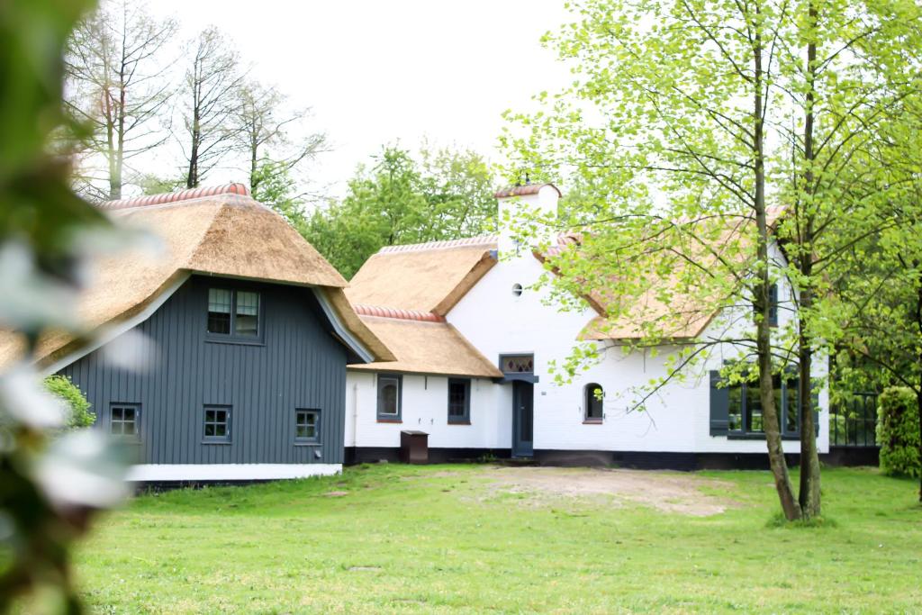 een groot wit huis met een rieten dak bij Villa de Beyaerd in Hulshorst
