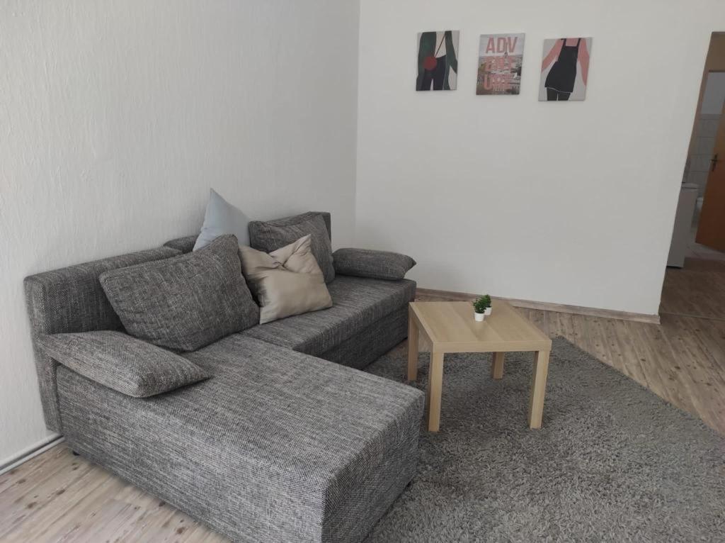a living room with a couch and a coffee table at Beautiful apartments in the city of zeitz in Zeitz