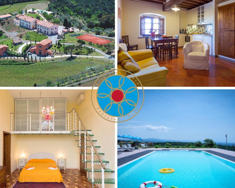 a collage of pictures of a house with a swimming pool at Agriturismo Tenuta Pakravan Papi in Riparbella