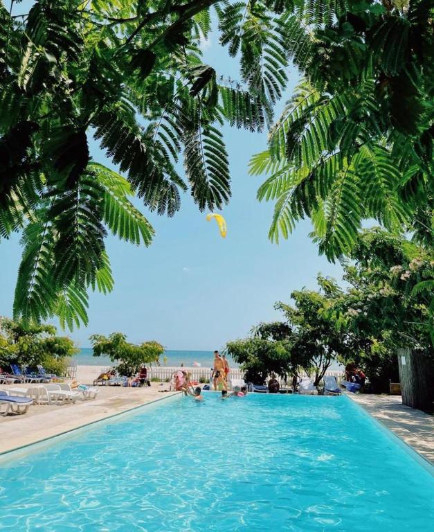 a swimming pool next to a beach with palm trees at Casa De Mare in Olimp
