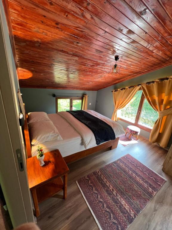 ein Schlafzimmer mit einem Bett und einer Holzdecke in der Unterkunft Villamill Apart & House in Ardeşen