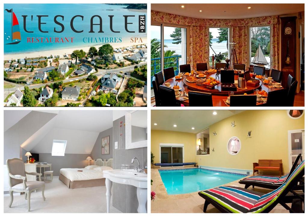 a collage of pictures of a house with a pool at L'Escale Evel Er Gêr in Locquirec