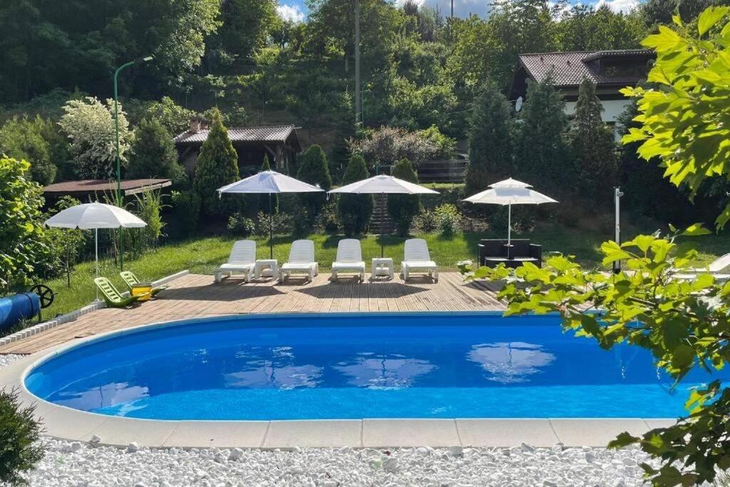 a pool in a yard with chairs and umbrellas at CASA DRENCOVA SRL in Berzasca