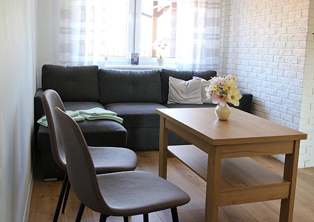 a living room with a couch and a table at Dom Mazury in Piecki