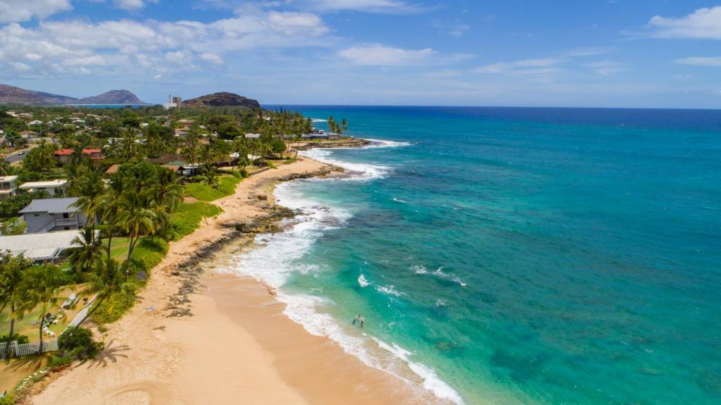 an aerial view of a beach with palm trees and the ocean at @ Marbella Lane - 3BR w/ Phenomenal Ocean+MT views in Waianae