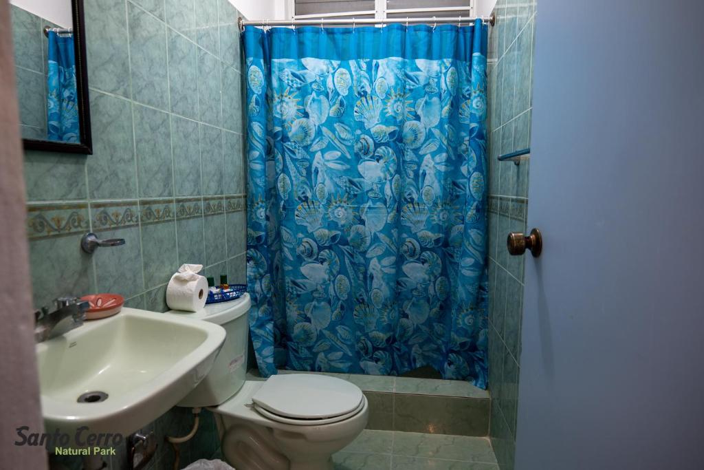 a bathroom with a toilet and a blue shower curtain at Hotel Santo Cerro Natural Park in Santo Cerro