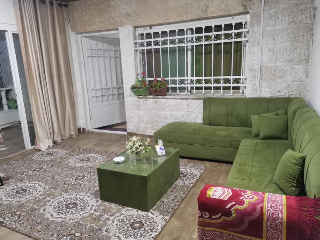 a living room with a green couch and a table at Studeo for rent in Amman