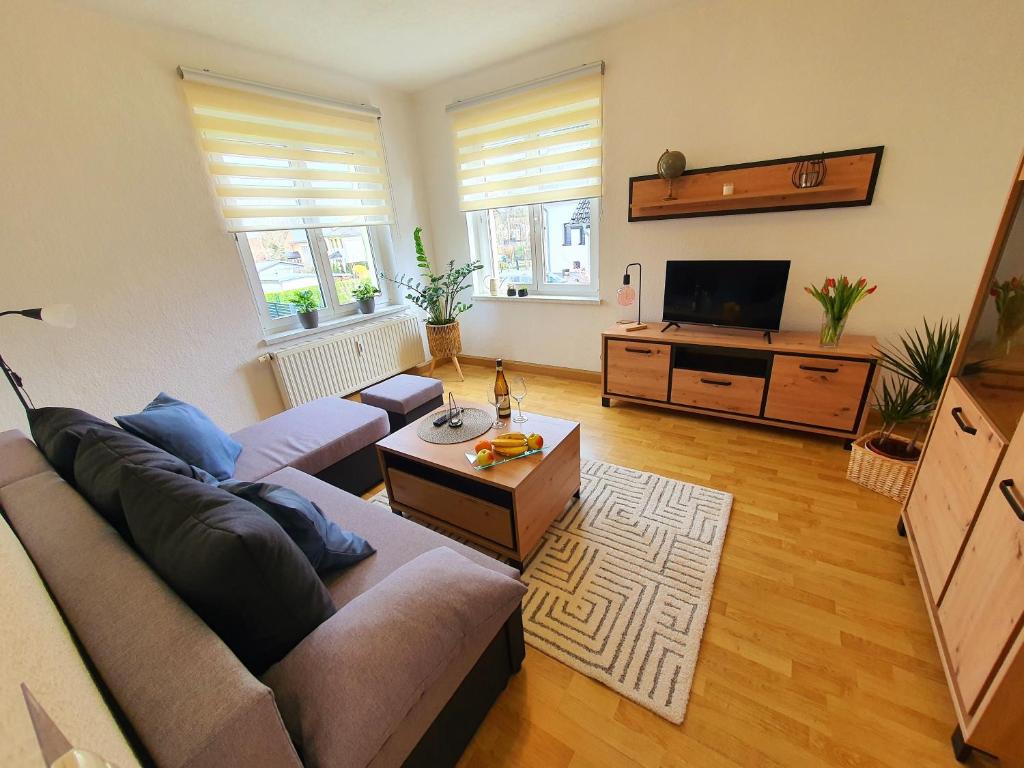 uma sala de estar com um sofá e uma televisão de ecrã plano em Ferienwohnung Reichenbrand mit Stellplatz em Chemnitz