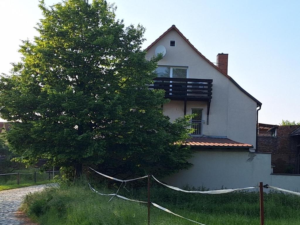 uma casa com uma árvore e uma cerca em Ferienhaus Herztor em Bad Bibra