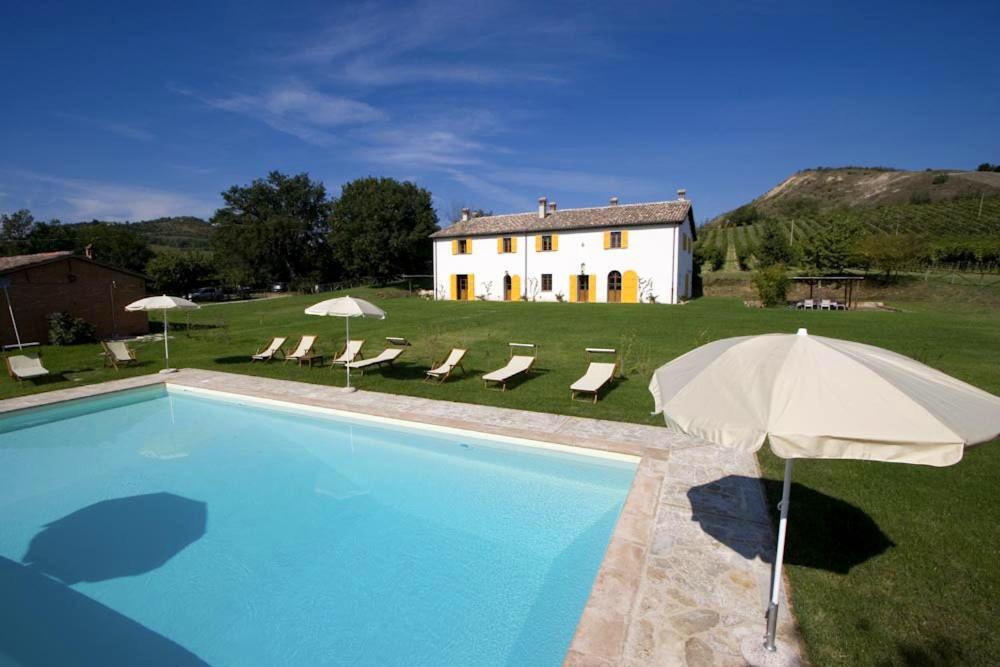 uma piscina com cadeiras e um guarda-sol em frente a uma casa em Villa Il Cigno em Brisighella