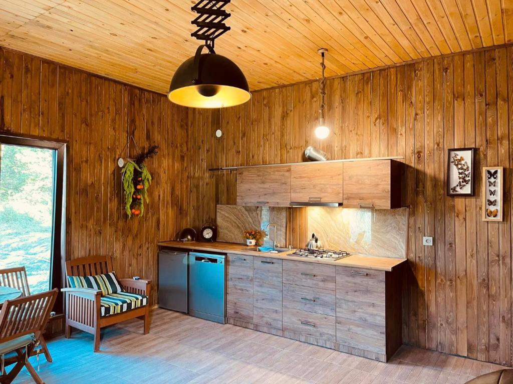 a kitchen with wooden walls and a stove top oven at Cottage in Racha Khoteura in Ambrolauri