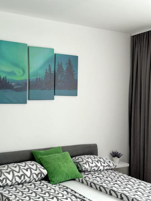 1 dormitorio con 1 cama con 4 cuadros en la pared en Apartment Aurora en Foča