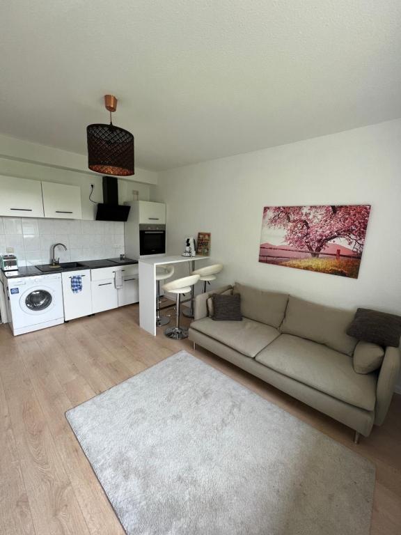 sala de estar con sofá y cocina en Möblierte Wohnung in Duisburg en Duisburg