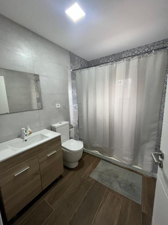 Un baño con inodoro, lavabo y ducha. en El Caserio de Araña, Cercados de Araña, en Los Cercados