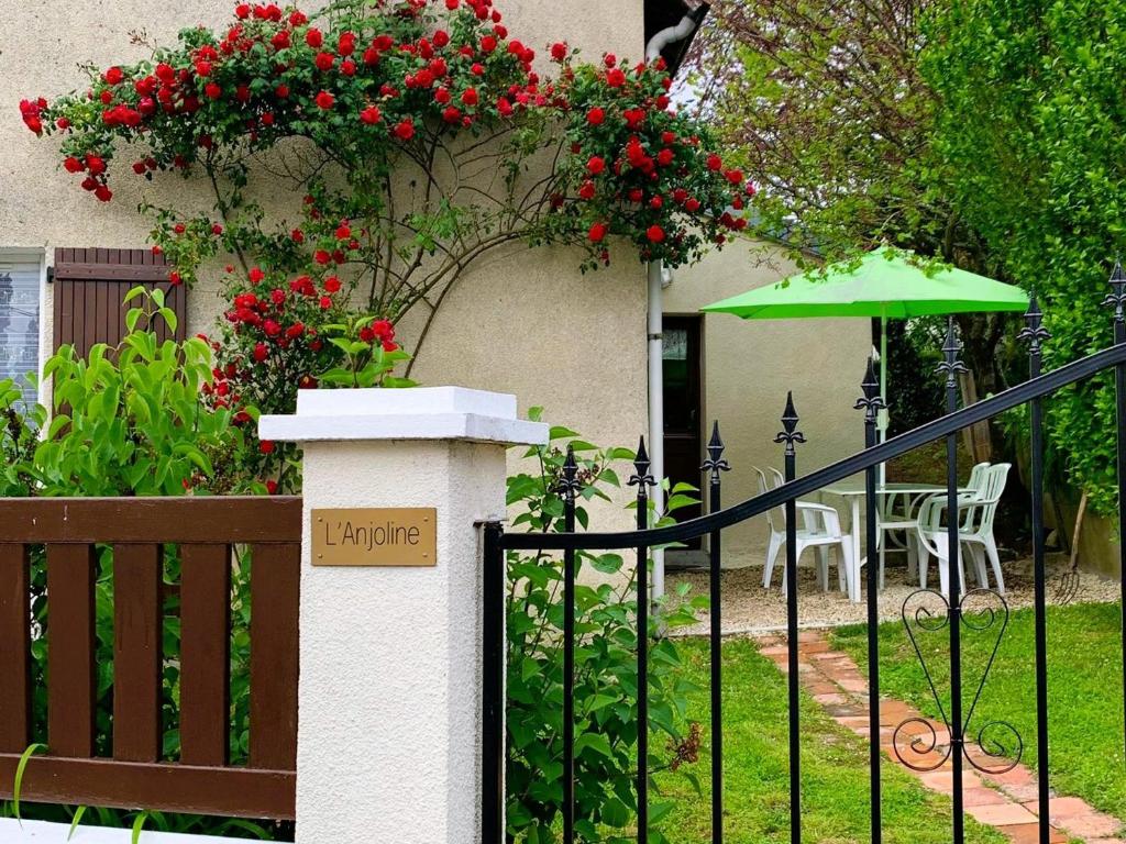 a garden with a fence and a table with red flowers at Gîte 7 pers avec jardin, vélos, proche Zoo de Beauval et Château de Valençay - FR-1-591-60 in Jeu-Maloches