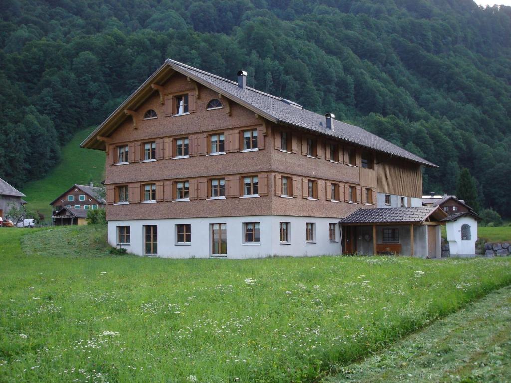 a large wooden house in a field with a hill at Haus Schwendinger in Mellau