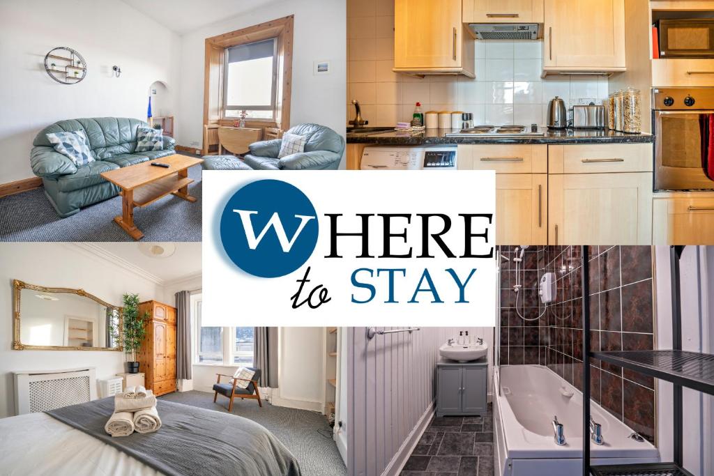 een collage van foto's van een keuken en een woonkamer bij Charming 2 bedroom apartment in Gorgie in Edinburgh