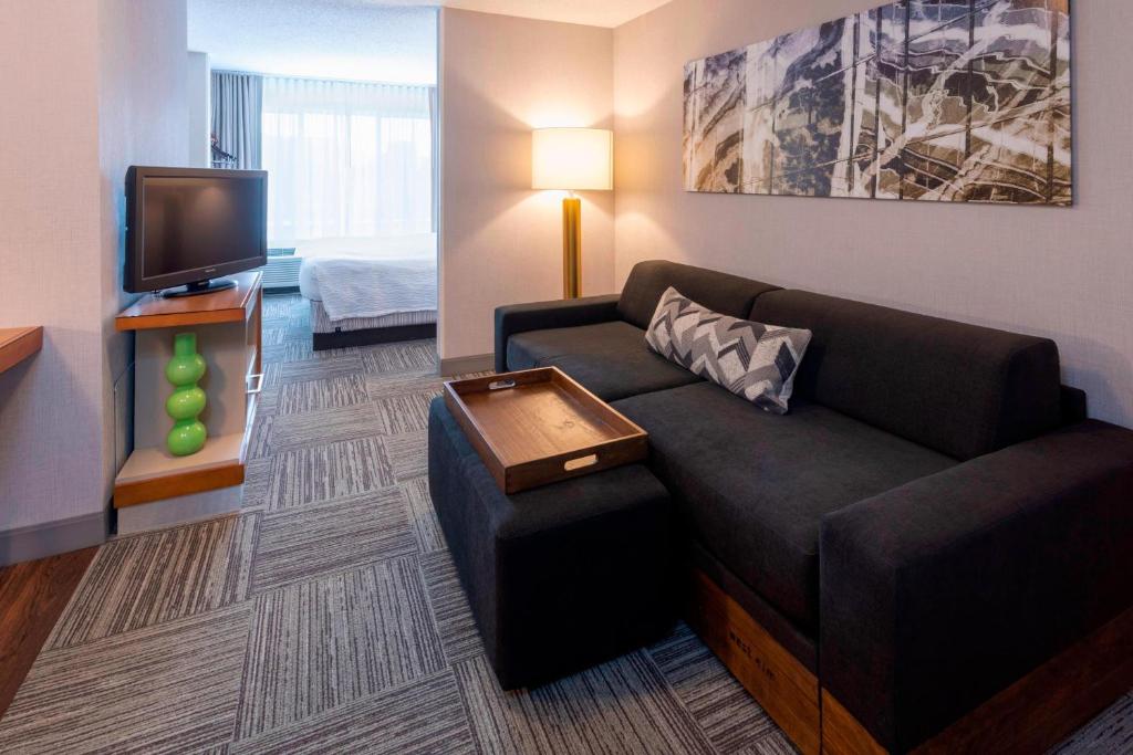 a living room with a couch and a tv at SpringHill Suites Rochester Mayo Clinic Area / Saint Marys in Rochester