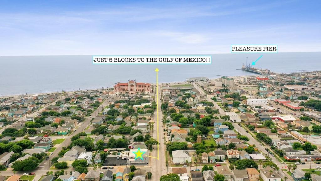 arial view of a city with the text just blocks to the city you need at The Sparkled Seahorse in Galveston