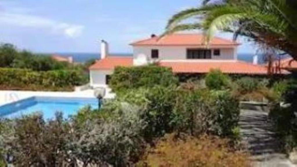 a house with a swimming pool and a palm tree at Alto da Praia Villa in Colares