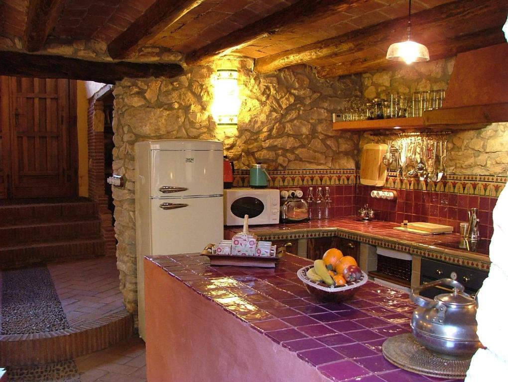 cocina de piedra con nevera y encimera en Casa Rural Petita d'en Chinascas, en Vespellà