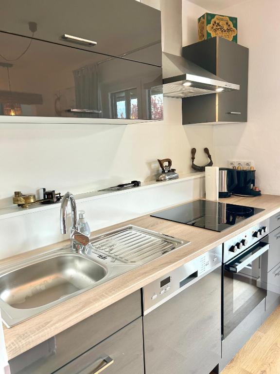 Kuchyň nebo kuchyňský kout v ubytování Ferienwohnung Strandbad - Alpen PopArt am See