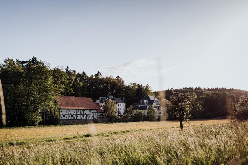 uma casa num campo com uma colina ao fundo em Hofgut Schmitte em Giessen