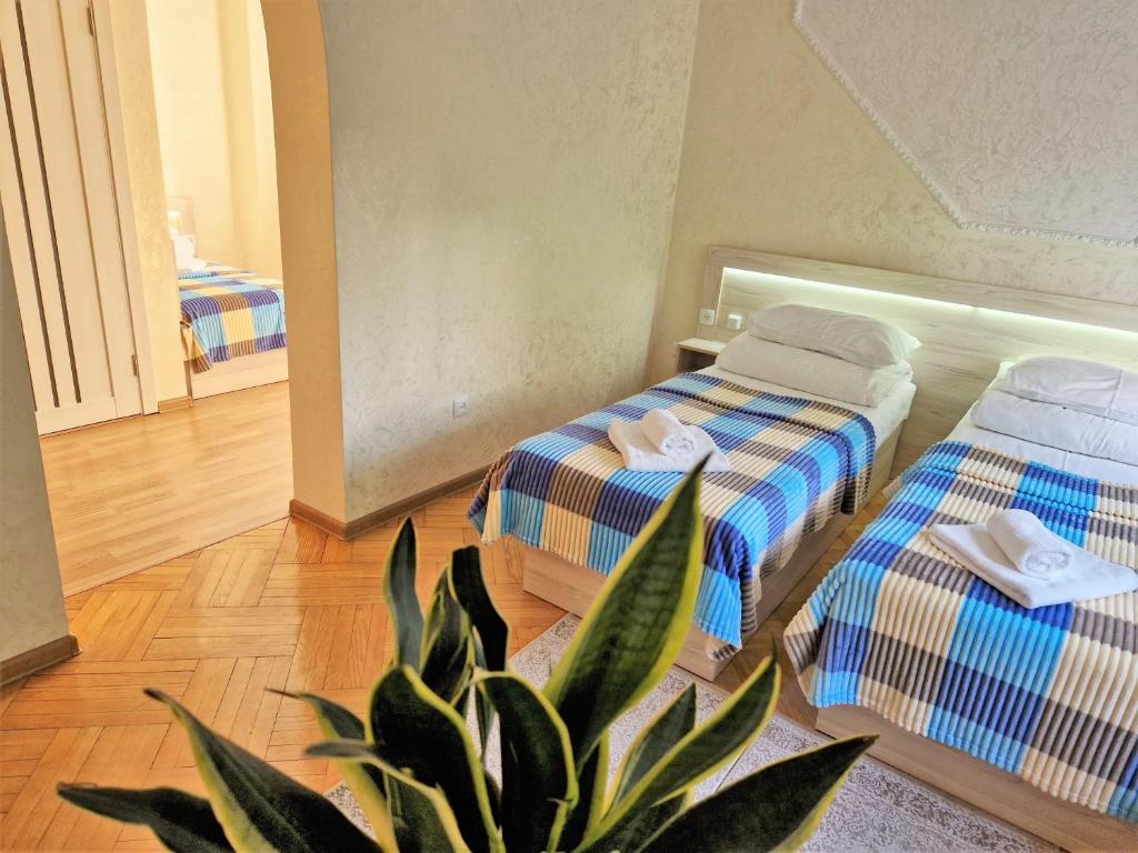 two beds in a room with a potted plant at Villa ZENKO in Lviv