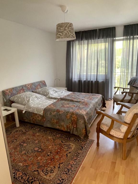 um quarto com uma cama, um sofá e uma cadeira em Ferienwohnung FM Moselle em Reil