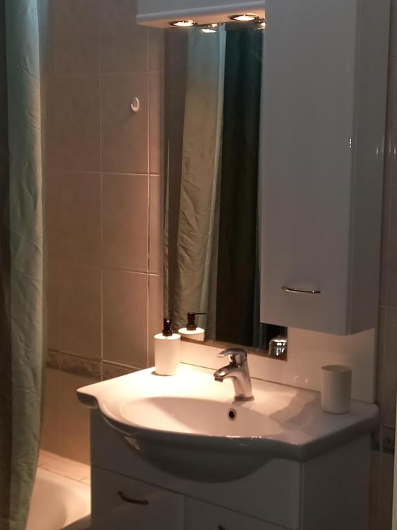 La salle de bains est pourvue d'un lavabo et d'un miroir. dans l'établissement A V G E R I N O S Athens, à Athènes